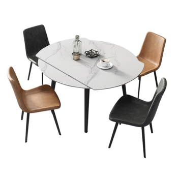 现代极简风雪山白哑光岩板伸缩餐桌椅 ZACZY-027 一桌四椅 两橙两灰